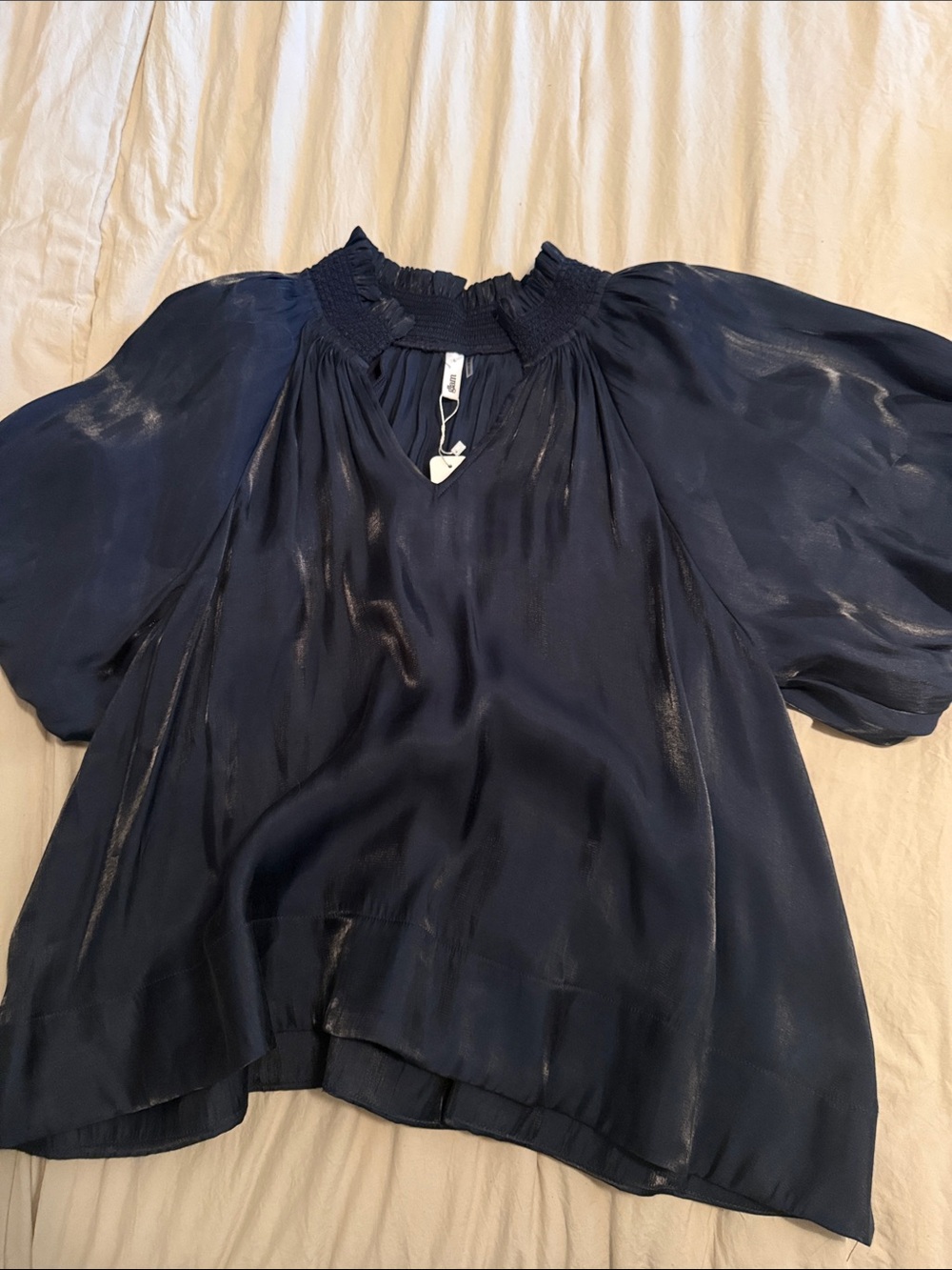glam Navy V-Neck Puff Sleeve Blouse NWT - Picture 2 of 4